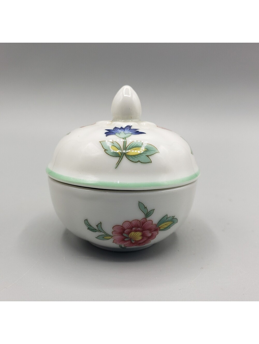 Heinrich Porcelain Trinket Box Round Floral Green Trim Embossed Leaf Germany